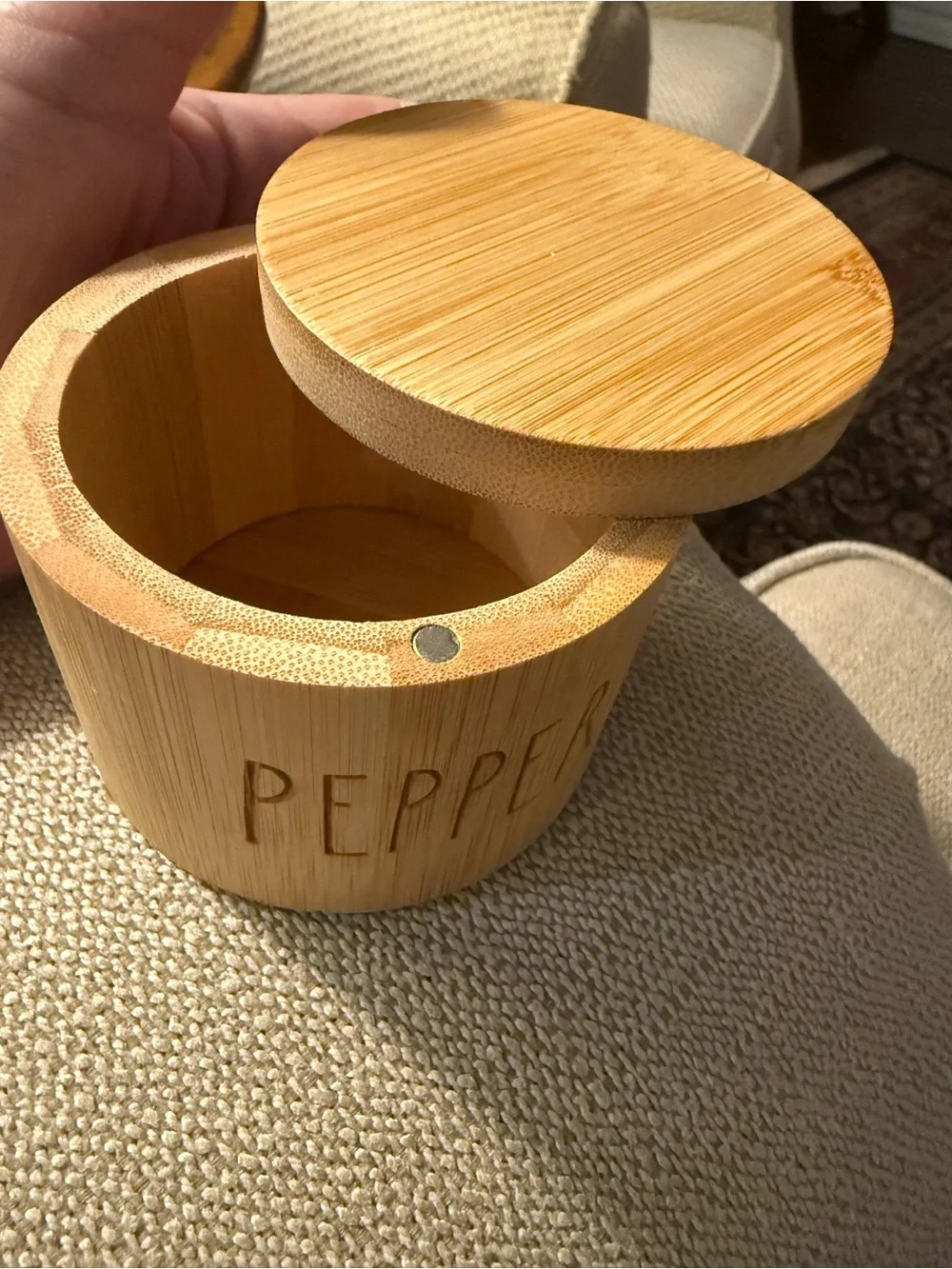 Rae Dunn Pepper cellar • woodgrain and magnetic lids